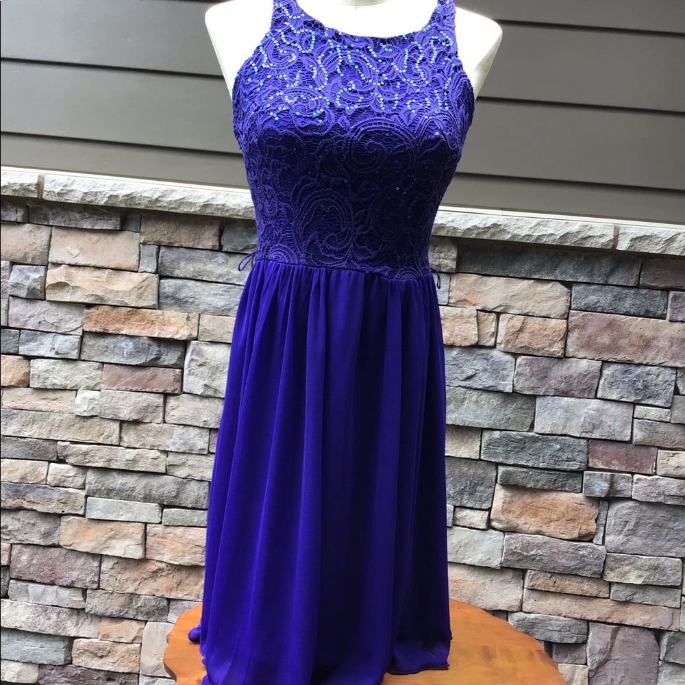 BCX Purple Lace Bodice Chiffon Prom Dress